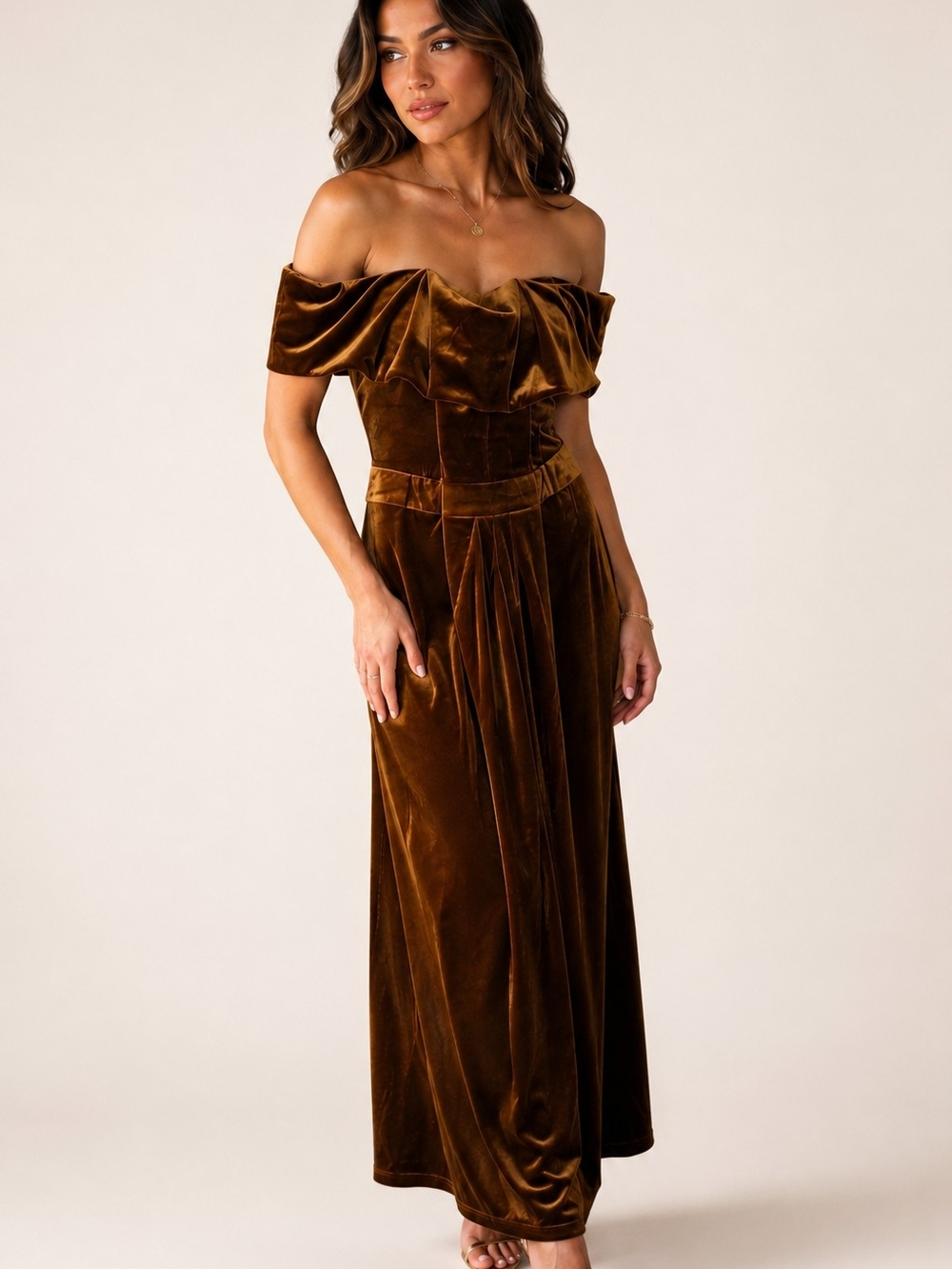 Lulu's Off-Shoulder Velvet Wide-Leg Jumpsuit in Brown